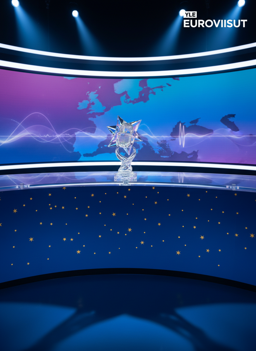 A sleek, modern news desk inspired by the Eurovision Song Contest, with a glossy deep-blue surface, small metallic gold star accents, and a prominent crystal microphone trophy placed at the center as the main subject. Behind the desk rises a curved LED-style backdrop displaying an abstract map of Europe in gradient purples and blues, with subtle waveform graphics suggesting music and voting results. Cool studio spotlights from above and behind create crisp highlights on the glass and metal surfaces, casting clean, professional shadows. Photographic realism at eye level, with a shallow depth of field that keeps the desk and trophy razor sharp while softly blurring the backdrop. The atmosphere is professional, dynamic, and newsy, perfect for a Finnish Eurovision news portal.