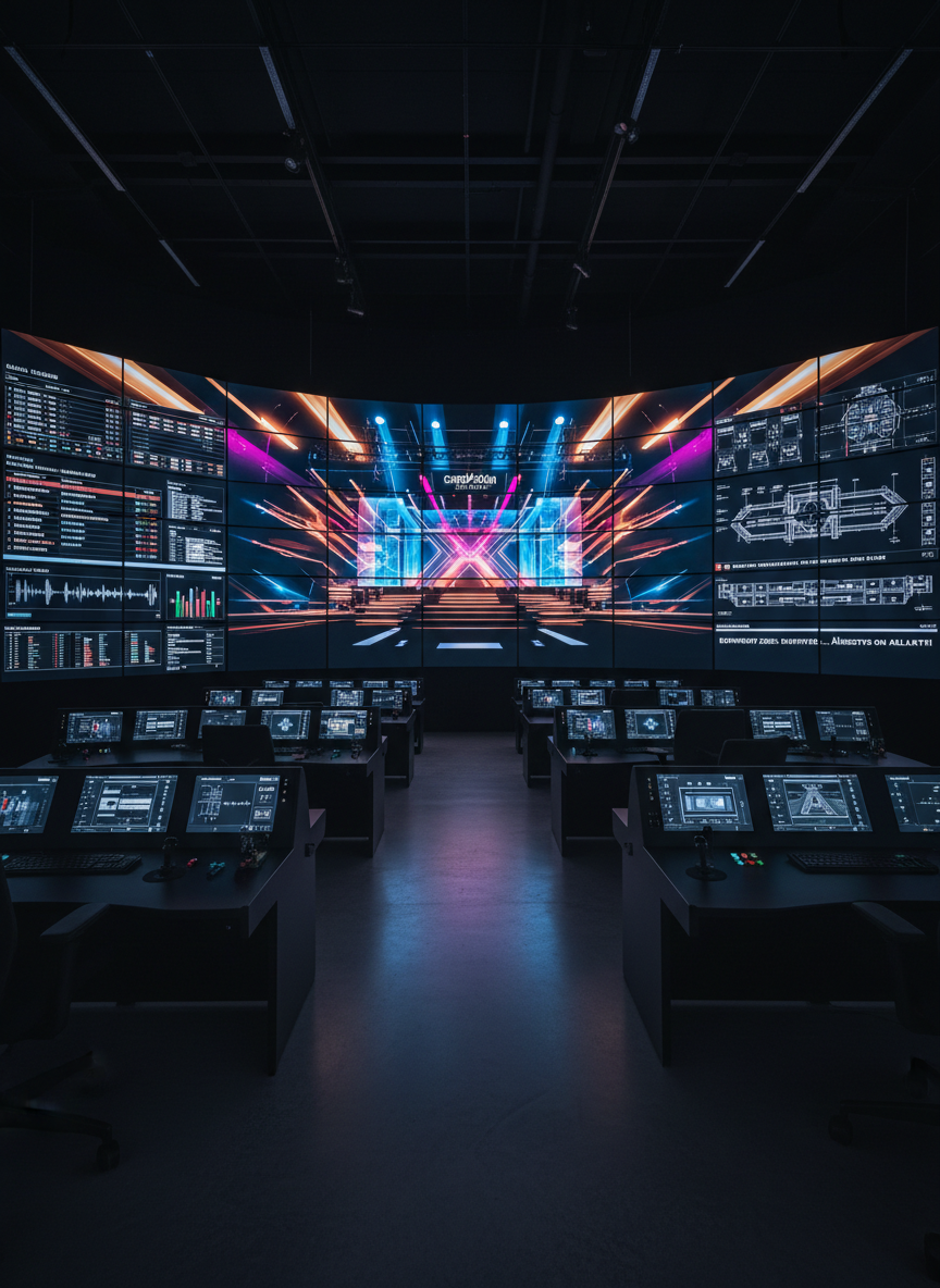 A large, ultra-modern digital control room focused on a wall of high-resolution screens, each displaying different Eurovision-related graphics: colorful stage schematics, scoreboards with European country names, audio waveforms, and news tickers in Finnish. The central subject is a prominent, curved main screen showing a stylized Eurovision stage with spotlights and abstract light beams, rendered in vibrant blues, magentas, and golds. Cool, even studio lighting reflects gently off matte-black consoles and chrome details, keeping everything clear and readable without harsh glare. Photographic realism from a slightly elevated angle with sharp focus throughout, conveying efficiency, analysis, and real-time monitoring. The mood is professional, high-tech, and data-driven, ideal for illustrating behind-the-scenes Euroviisu news coverage without showing any people.